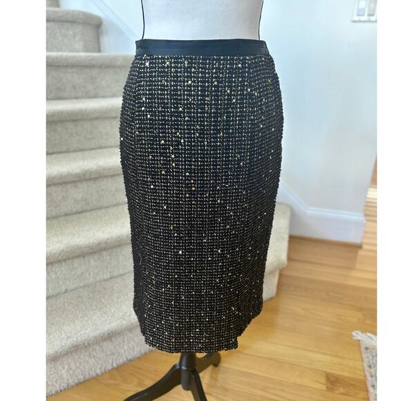 Doncaster Black Wool Boucle Tweed Metallic Gold Sequin Pencil Skirt - Picture 1 of 7